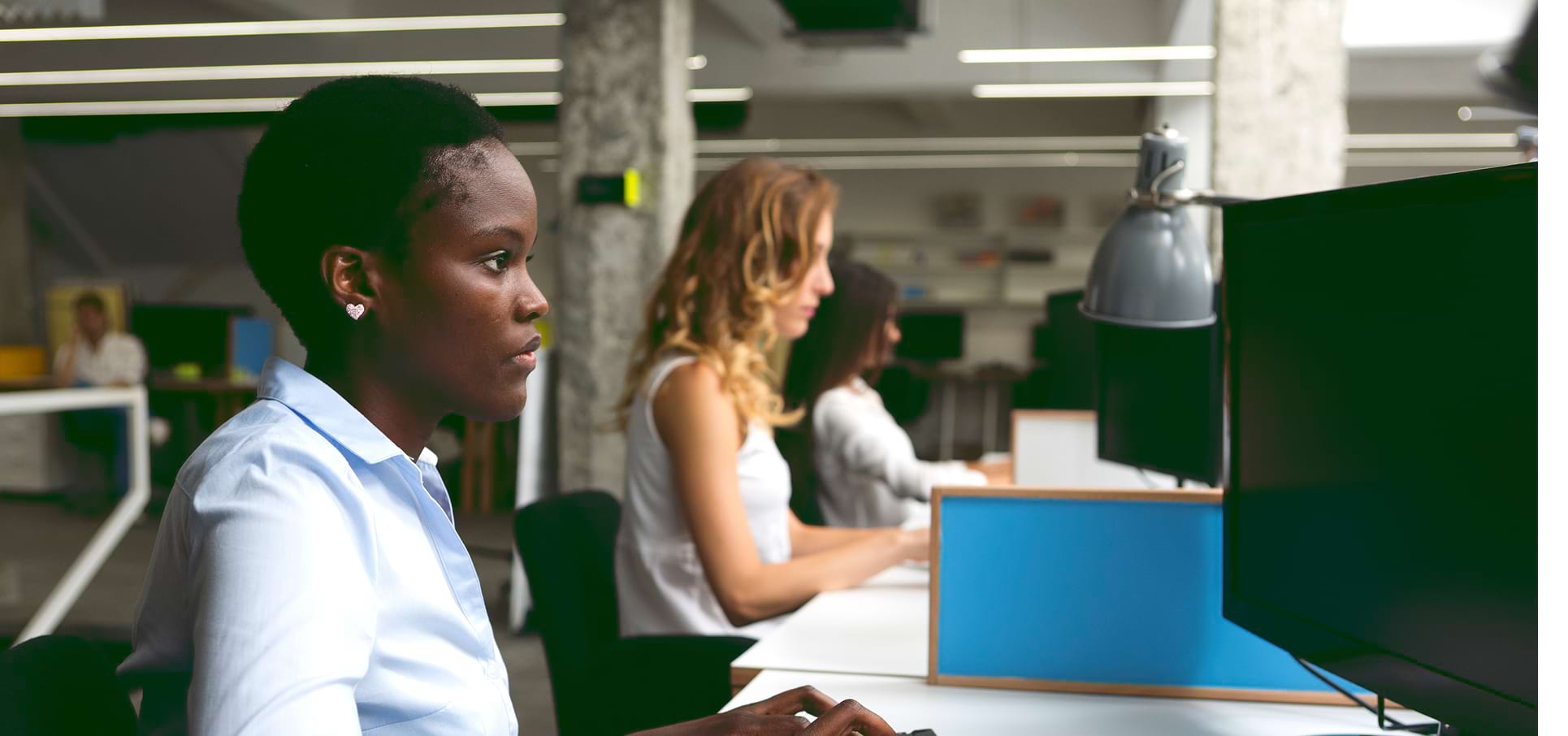 Business administrator apprenticeship training in a modern workplace with professionals collaborating